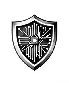 Графическая иллюстрация щита с печатной платой внутри, символизирующая блокчейн-защиту и смарт-контракты в тату-индустрии