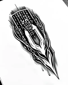 Черно-белый эскиз татуировки в стиле blackwork с элементами бинарного кода, стилизованными под пламя и технологические линии — концепция для тату с изменяемым цветом через магнитное поле
