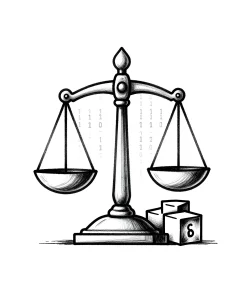 Черно-белая иллюстрация весов справедливости, рядом с которыми лежат кубики с цифрами, а на фоне виден бинарный код. Символизирует баланс и защиту прав в тату-индустрии через технологии блокчейна.