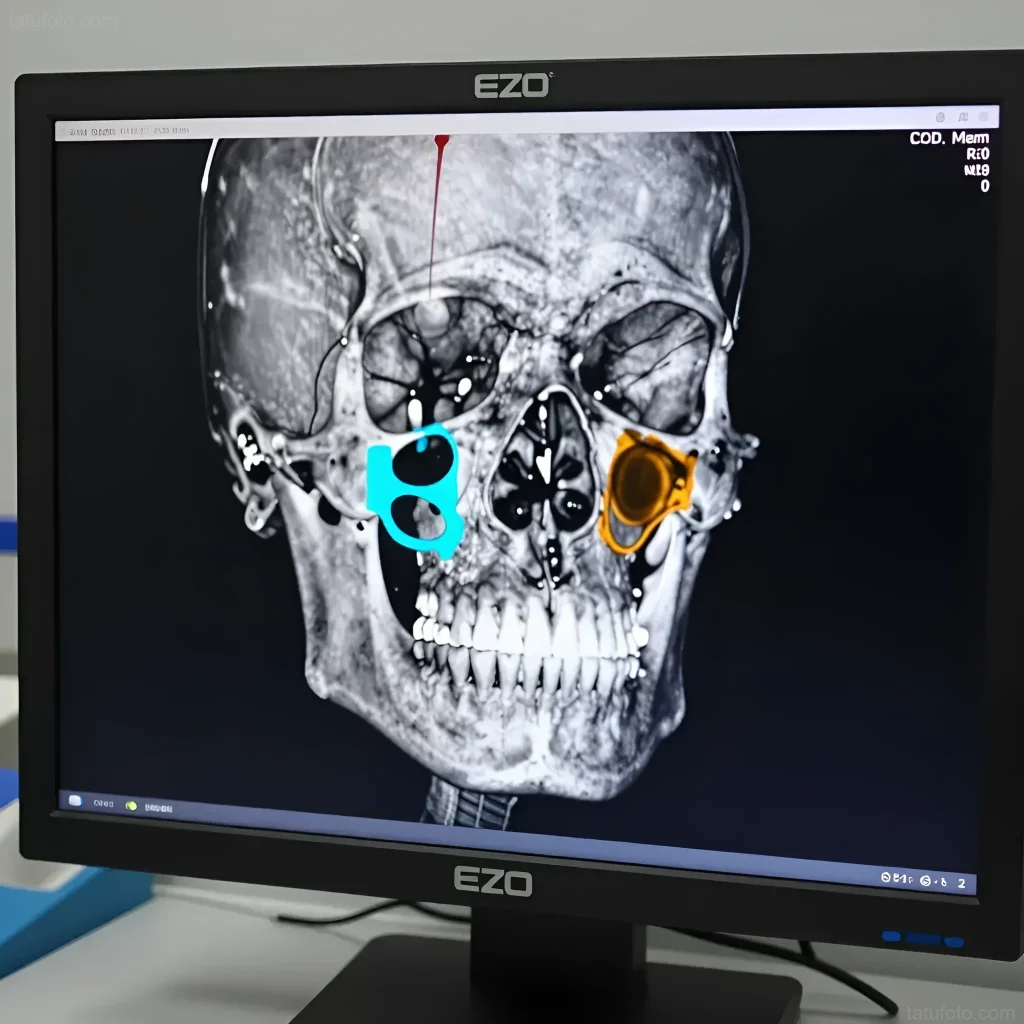 Медицинский монитор EZO с изображением 3D-реконструкции черепа в корональной проекции: видны глазницы, носовая полость, зубные ряды и импланты, а также бирюзовая и оранжевая выделенные зоны в области верхнечелюстных пазух для хирургического