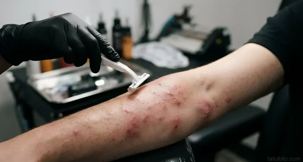 Тату-мастер в чёрной нитриловой перчатке проводит эпиляцию предплечья клиента белым одноразовым станком; на коже видны покраснения и раздражения, на заднем плане — стерильный стол студии с инструментами и антисептиками