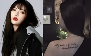 Сплит-фото K-pop звезды: слева портрет с чёрными волосами и красной помадой, справа вид со спины с каллиграфической татуировкой на плече My mother is the heart that keeps me alive