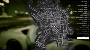 Игровая карта города Los Santos из GTA 5 с сеткой дорог, маркерами локаций и подсвеченным пунктом Tattoo Parlor в правом списке категорий