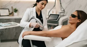 Специалист в белом халате и перчатке проводит лазерную эпиляцию предплечья клиентки, лежащей на кушетке в защитных очках, в современном салоне с мраморным интерьером и аппаратом на стойке