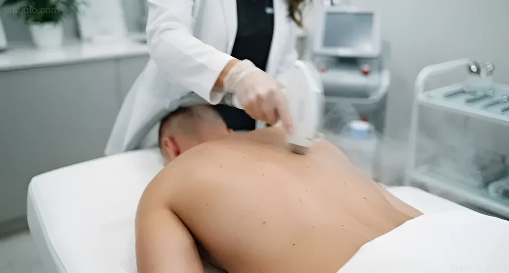 Специалист в белом халате и перчатке проводит процедуру лазерной эпиляции на спине мужчины, лежащего на кушетке в светлом кабинете, подготовка кожи перед нанесением татуировки
