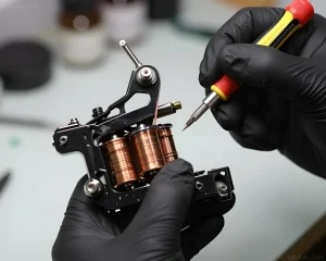 Руки тату-мастера в чёрных нитриловых перчатках держат разборную коильную тату-машину с медными катушками и пружиной, вторым инструментом с красно-жёлтой ручкой производится точная настройка механизма на рабочем столе студии