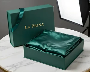 Изумрудно-зелёный подарочный пакет с золотым логотипом LA PRINA и атласной лентой рядом с открытой коробкой, внутри которой сложено сатиновое бельё того же оттенка, на белом мраморном столе
