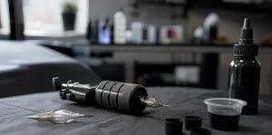На тёмном столе тату-студии лежит классическая coil-машинка с рифлёной металлической ручкой и установленным наконечником, рядом — запасная игла, бутылка с тату-краской и стаканчик с чёрным пигментом; на размытом фоне видны полки с флаконами и окно.