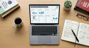 Вид сверху на деревянный рабочий стол: открытый ноутбук с дашбордом «INTERFACE ECONOMICS: KEY PARAMETERS DATA» (графики, таблицы метрик), рядом чашка чёрного кофе, блокнот с рукописными формулами Fitts' Law и Hick's Law, ручка, очки, кактус в горшке