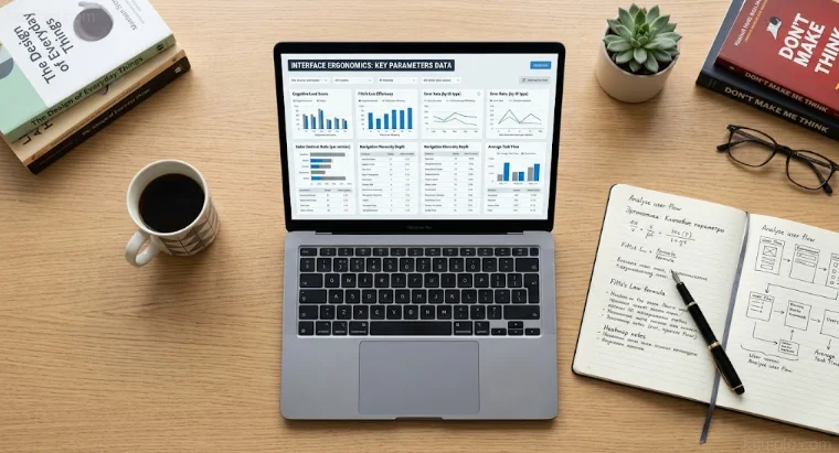 Вид сверху на деревянный рабочий стол: открытый ноутбук с дашбордом «INTERFACE ECONOMICS: KEY PARAMETERS DATA» (графики, таблицы метрик), рядом чашка чёрного кофе, блокнот с рукописными формулами Fitts' Law и Hick's Law, ручка, очки, кактус в горшке