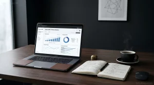 Тёмный деревянный рабочий стол тату-художника: открытый MacBook Pro с дашбордом Industry Analytics (графики роста рынка, доля конкурентов, тренды клиентов), рядом открытая тетрадь с рукописными заметками и эскизами, перьевая ручка, чёрная чашка