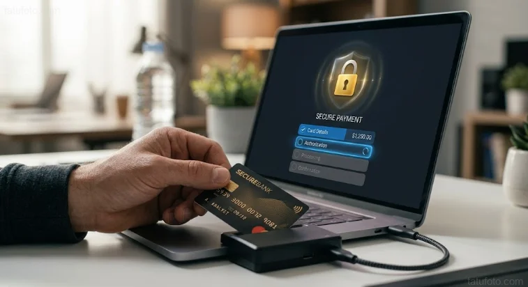 Рука с банковской картой над ридером: ноутбук с интерфейсом безопасного платежа и символом замка 12.09.2026 19:21:21