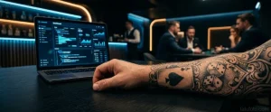 Рука мужчины с детальной татуировкой в стиле blackwork, изображающей карту пик, кости и орнаменты, лежит на столе перед ноутбуком с интерфейсом аналитики на фоне размытого игрового зала казино