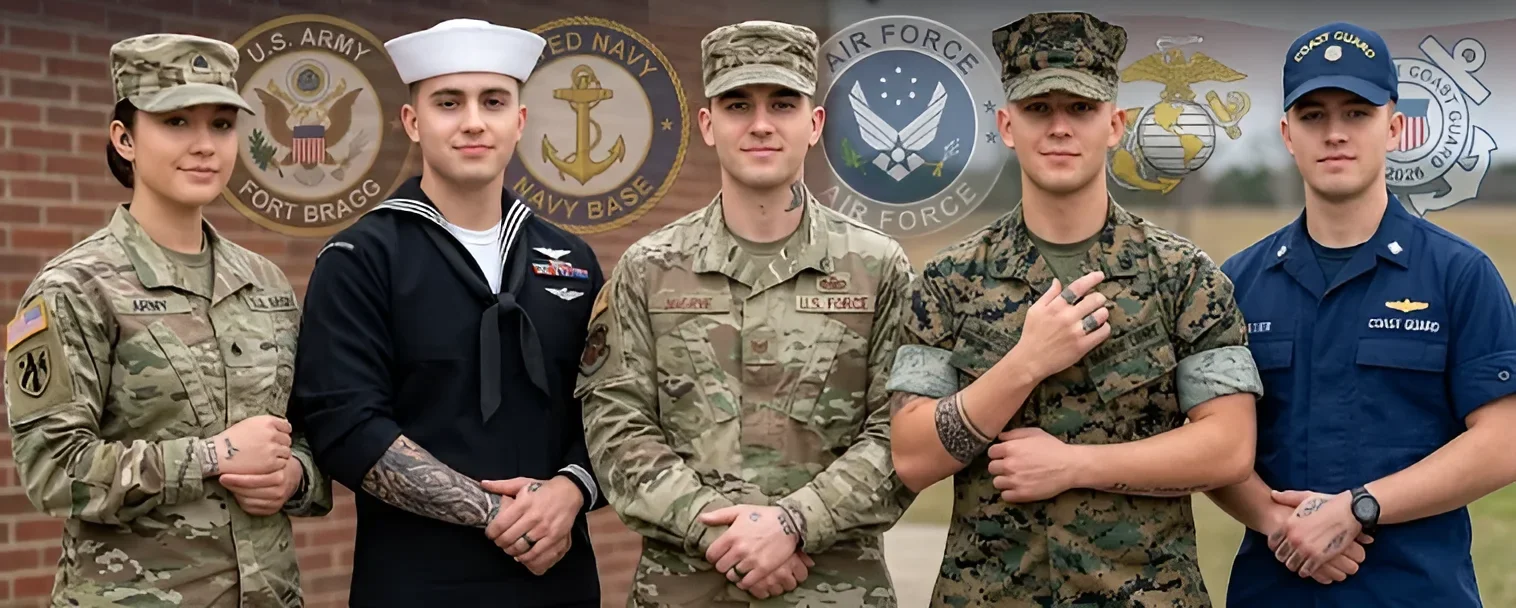 Пять военнослужащих США в форме Army, Navy, Air Force, Marine Corps и Coast Guard стоят в ряд на фоне эмблем своих родов войск; у нескольких видны татуировки blackwork на предплечьях, шее и кистях рук