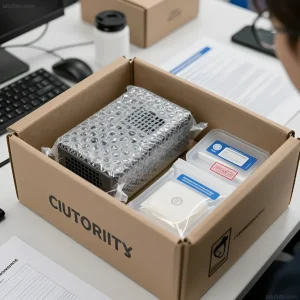 Открытая картонная коробка с брендом CIUTORIITY, содержащая упакованное в пузырчатую плёнку тату-оборудование и аксессуары в стерильной упаковке