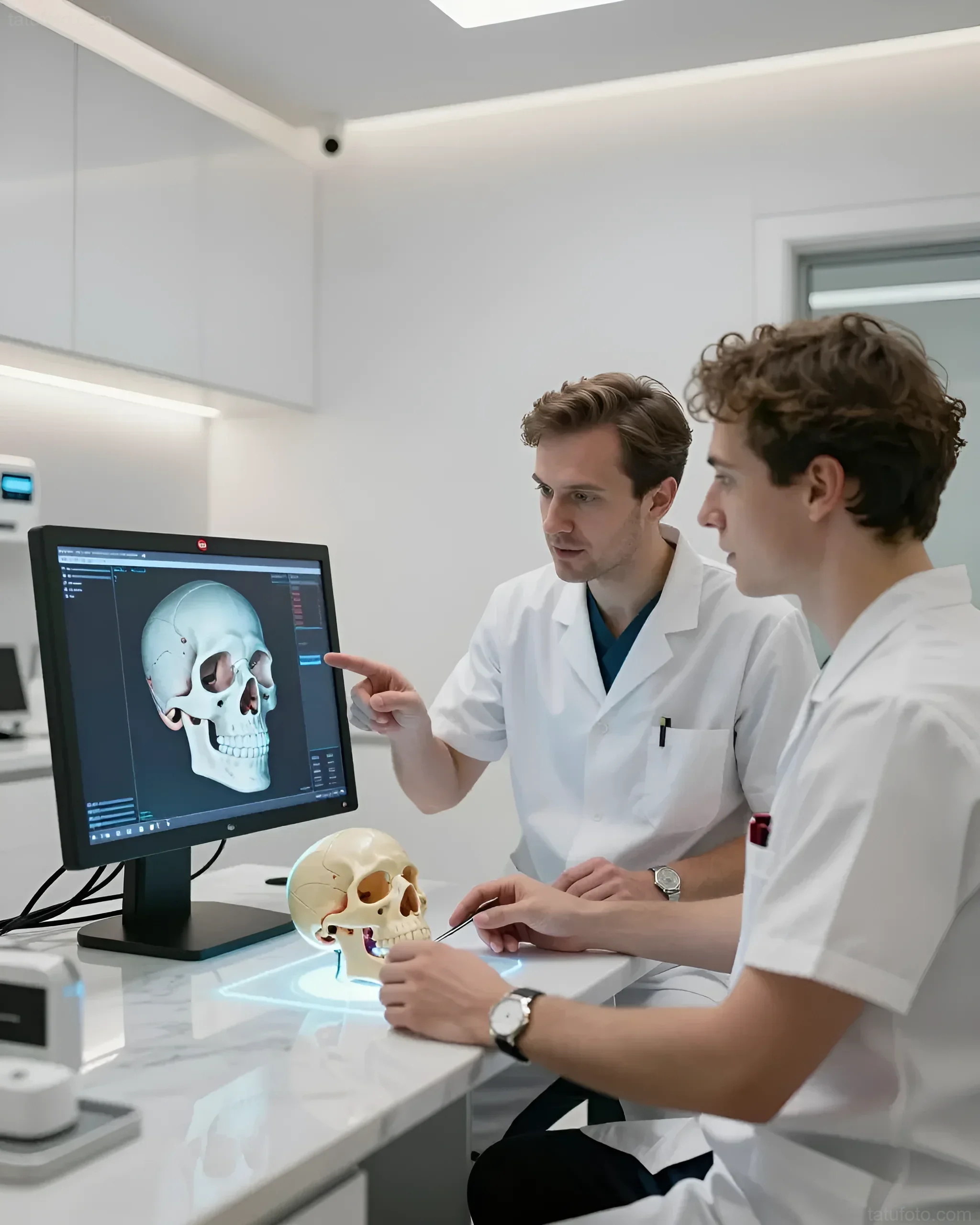 Два хирурга в белых халатах изучают 3D-модель черепа на медицинском мониторе и анатомическую модель головы на столе в современном кабинете ортогнатической клиники