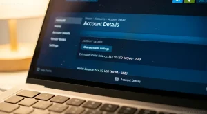 Ноутбук с открытым интерфейсом Steam на экране: раздел Account Details, кнопка Change wallet settings и строка Estimated Wallet Balance $14.50 USD (MENA - USD) на тёмно-синем фоне