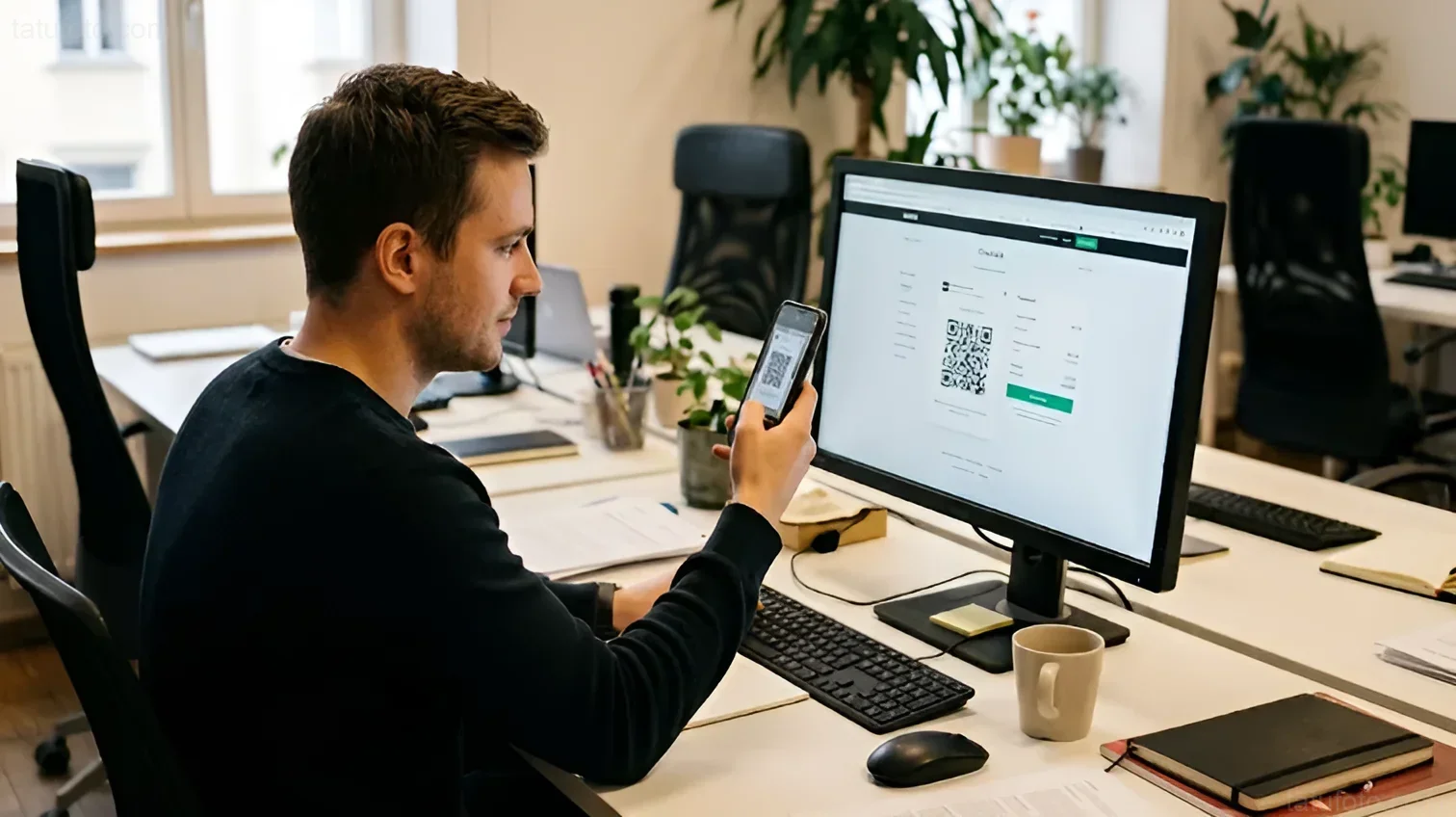 Мужчина сканирует QR-код на смартфоне для оплаты в офисе: сценарий цифрового платежа на мониторе и телефоне 17.10.2026 17:19:25