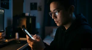 Молодой человек в очках и чёрной худи смотрит на экран смартфона в полутёмной комнате, на заднем плане горит монитор ПК — иллюстрация к теме оплаты Steam