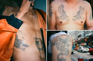 Коллаж из трёх фотографий, демонстрирующих характерные татуировки в гонконгском поствоенном стиле: симметричные орлы на груди, дракон на спине и традиционные мотивы в чёрной туши