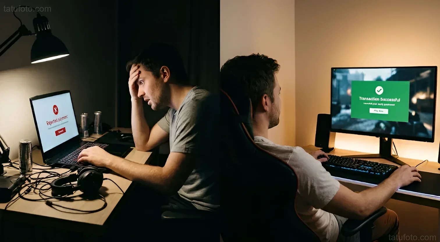 Сплит-скрин оплаты в Steam: отклонённый платёж слева и успешная транзакция справа 17.10.2026 17:19:21
