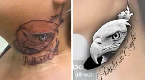 Сплит-скрин: слева — готовая татуировка головы орла с пером и надписью Parkhurst Eagle на шее, справа — оригинальный ч/б эскиз того же дизайна; видно расхождение между замыслом и результатом
