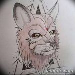 Цветной эскиз татуировки лисы с выразительными глазами и детальной прорисовкой шерсти, выполненный в реалистичном стиле.
