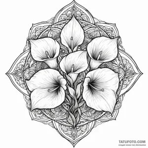Calla lilies, ink illustration for tattoo, bl… — эскиз тату (№1748872890_0, 02.06.2025 14:01) — Tatufoto.com