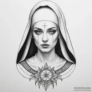 Nun, tattoo line art, black and white sketch,… — эскиз тату (№1748880687_1, 02.06.2025 16:11) — Tatufoto.com