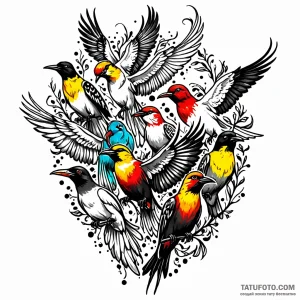 Flock of birds, tattoo sketch design, on a cl… — эскиз тату (№1748913327_0, 03.06.2025 01:15) — Tatufoto.com