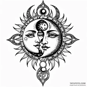 Sun and moon, tattoo drawing outline, detaile… — эскиз тату (№1748949859_0, 03.06.2025 11:24) — Tatufoto.com