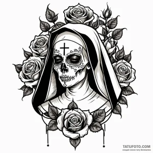 Nun, concept art for tattoo, sepia tone sketc… — эскиз тату (№1749014717_0, 04.06.2025 05:25) — Tatufoto.com