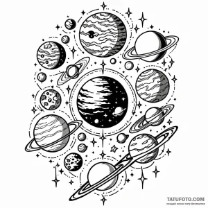 Parade of planets, tattoo flash sheet design,… — эскиз тату (№1749039696_1, 04.06.2025 12:21) — Tatufoto.com