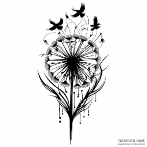 Dandelion with birds, artistic tattoo sketch,… — эскиз тату (№1749105166_0, 05.06.2025 06:32) — Tatufoto.com