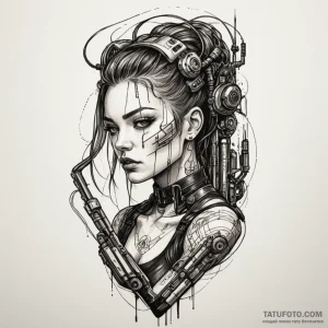 Cyberpunk, tattoo line art, sepia tone sketch… — эскиз тату (№1749118809_1, 05.06.2025 10:20) — Tatufoto.com