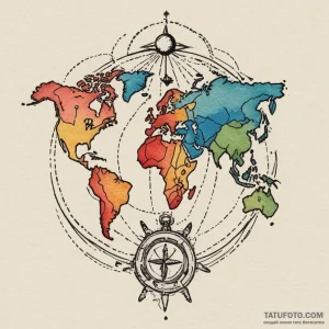 World map, ink illustration for tattoo, old s… — эскиз тату (№1749119658_0, 05.06.2025 10:34) — Tatufoto.com