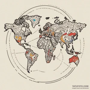 World map, ink illustration for tattoo, old s… — эскиз тату (№1749119658_1, 05.06.2025 10:34) — Tatufoto.com