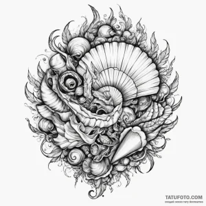 Shell, tattoo sketch design, highly detailed,… — эскиз тату (№1749126070_0, 05.06.2025 12:21) — Tatufoto.com