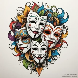 Theater masks, artistic tattoo sketch, bold o… — эскиз тату (№1749126139_1, 05.06.2025 12:22) — Tatufoto.com