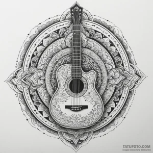 Guitar, ink illustration for tattoo, black an… — эскиз тату (№1749142245_0, 05.06.2025 16:50) — Tatufoto.com
