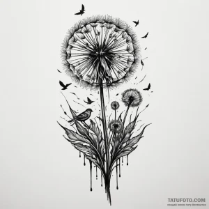 Dandelion with birds, artistic tattoo sketch,… — эскиз тату (№1749148318_0, 05.06.2025 18:31) — Tatufoto.com