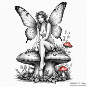 Fairy sitting on a mushroom — эскиз тату (№1749166232_0, 05.06.2025 23:30) — Tatufoto.com