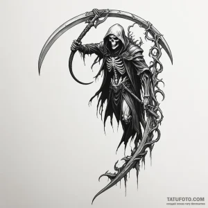 Reaper’s scythe leaning against a wall — эскиз тату (№1749187248_0, 06.06.2025 05:20) — Tatufoto.com