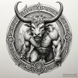 Minotaur in a labyrinth (the scene) — эскиз тату (№1749197261_0, 06.06.2025 08:07) — Tatufoto.com