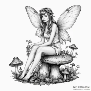 Fairy sitting on a mushroom — эскиз тату (№1749197540_0, 06.06.2025 08:12) — Tatufoto.com