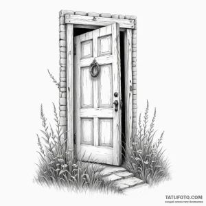 A door standing alone in a field — эскиз тату (№1749204732_0, 06.06.2025 10:12) — Tatufoto.com