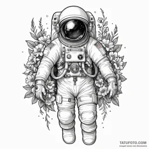 Astronaut holding a bouquet of flowers — эскиз тату (№1749228097_0, 06.06.2025 16:41) — Tatufoto.com