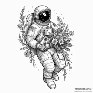 Astronaut holding a bouquet of flowers — эскиз тату (№1749228097_1, 06.06.2025 16:41) — Tatufoto.com