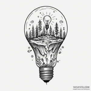 A lightbulb containing a tiny ecosystem — эскиз тату (№1749229148_1, 06.06.2025 16:59) — Tatufoto.com