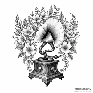 A gramophone with flowers growing out of the… — эскиз тату (№1749229294_0, 06.06.2025 17:01) — Tatufoto.com